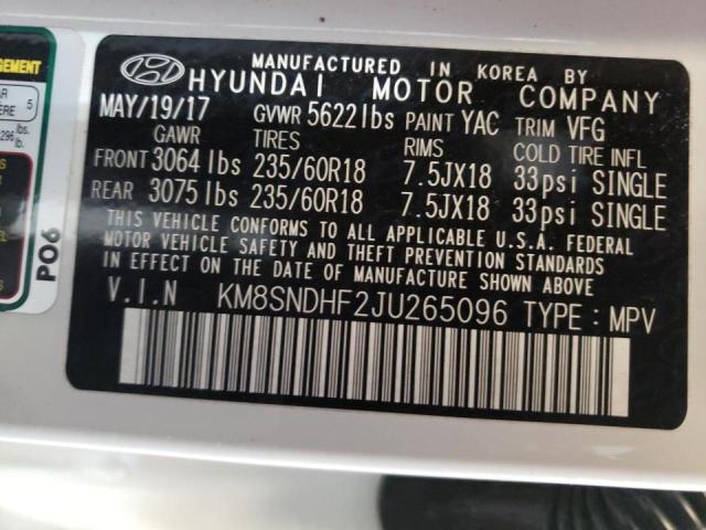 KM8SNDHF2JU265096 - 2018 HYUNDAI SANTA FE SE WHITE photo 13