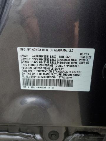 5FNYF8H52KB025776 - 2019 HONDA PASSPORT EXL CHARCOAL photo 14