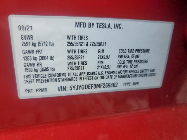 5YJYGDEF0MF269402 - 2021 TESLA MODEL Y RED photo 14