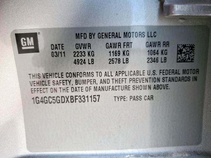 1G4GC5GDXBF331157 - 2011 BUICK LACROSSE CXL ვერცხლისფერი ფოტო 12