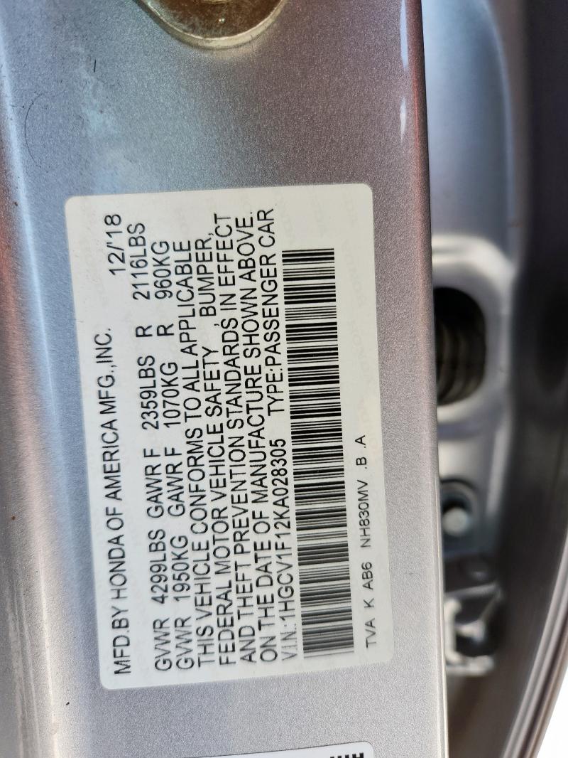 1HGCV1F12KA028305 - 2019 HONDA ACCORD LX SILVER photo 12
