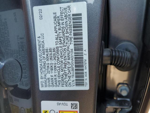 19UUB6F5XNA001094 - 2022 ACURA TLX TECH A GRAY photo 12