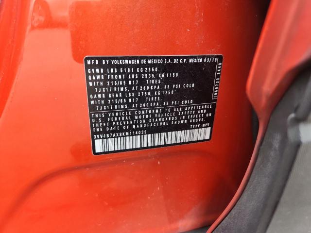 3VV1B7AX8KM114039 - 2019 VOLKSWAGEN TIGUAN S 橙色 照片 12