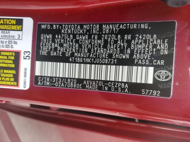 4T1B61HK1JU508731 - 2018 TOYOTA CAMRY XSE 勃艮第红 照片 12
