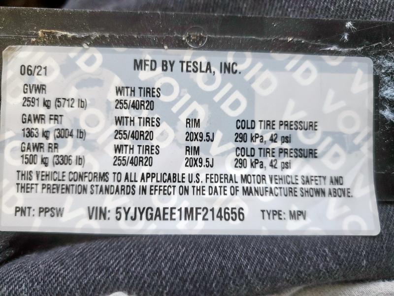 5YJYGAEE1MF214656 - 2021 TESLA MODEL Y WHITE photo 12