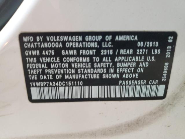 1VWBP7A34DC151110 - 2013 VOLKSWAGEN PASSAT SE 白色 照片 12