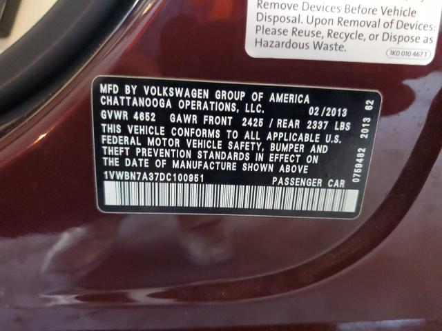 1VWBN7A37DC100951 - 2013 VOLKSWAGEN PASSAT SE MAROON photo 12