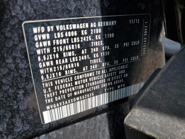 WVGAV3AXXDW562635 - 2013 VOLKSWAGEN TIGUAN S BLACK photo 13
