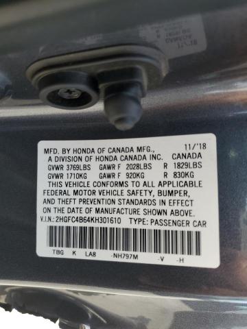 2HGFC4B64KH301610 - 2019 HONDA CIVIC LX 灰色 照片 12