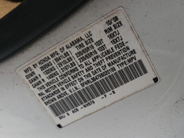 5FNRL38479B020199 - 2009 HONDA ODYSSEY EX WHITE photo 14