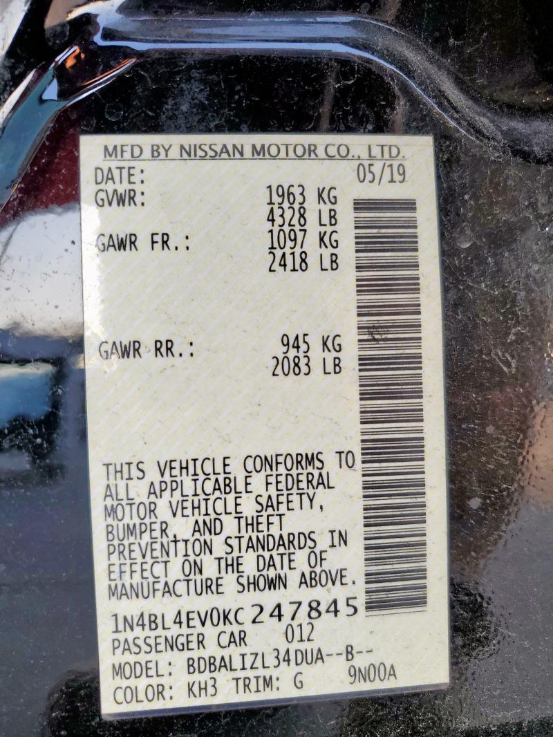 1N4BL4EV0KC247845 - 2019 NISSAN ALTIMA SL BLACK photo 12