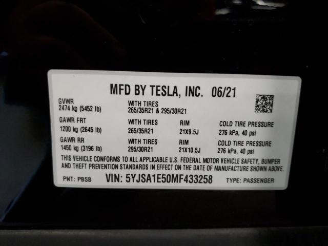 5YJSA1E50MF433258 - 2021 TESLA MODEL S Սև լուսանկար 13