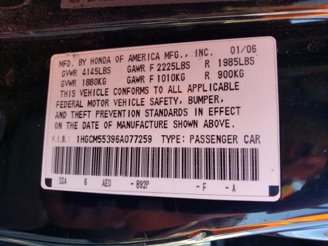 1HGCM55396A077259 - 2006 HONDA ACCORD SE BLACK photo 12