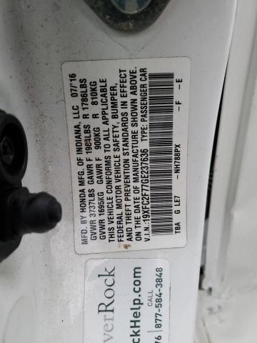19XFC2F77GE237636 - 2016 HONDA CIVIC EX WHITE photo 12