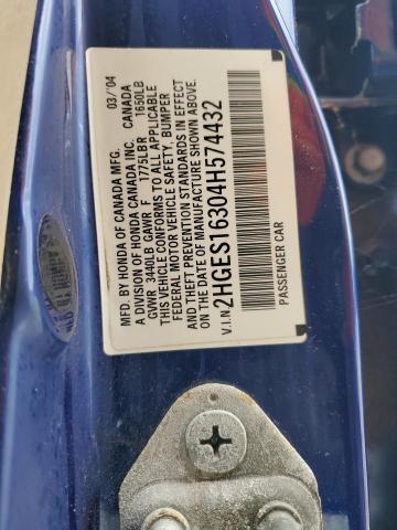 2HGES16304H574432 - 2004 HONDA CIVIC DX VP BLUE photo 12