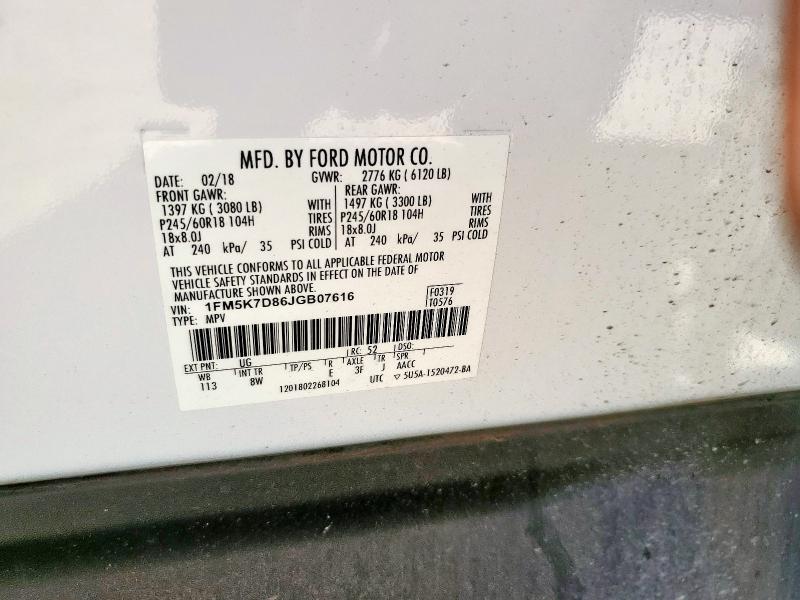 1FM5K7D86JGB07616 - 2018 FORD EXPLORER XLT WHITE photo 13