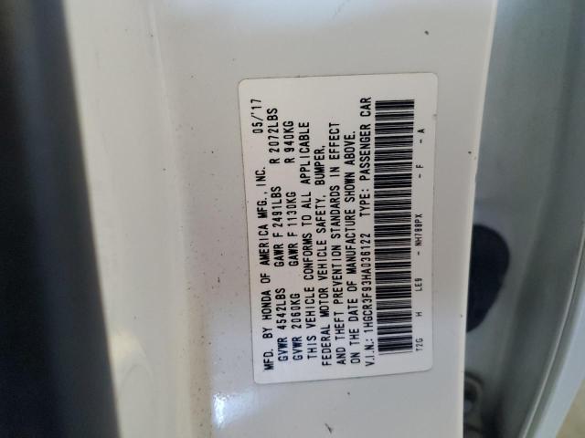 1HGCR3F93HA036122 - 2017 HONDA ACCORD TOURING WHITE photo 12