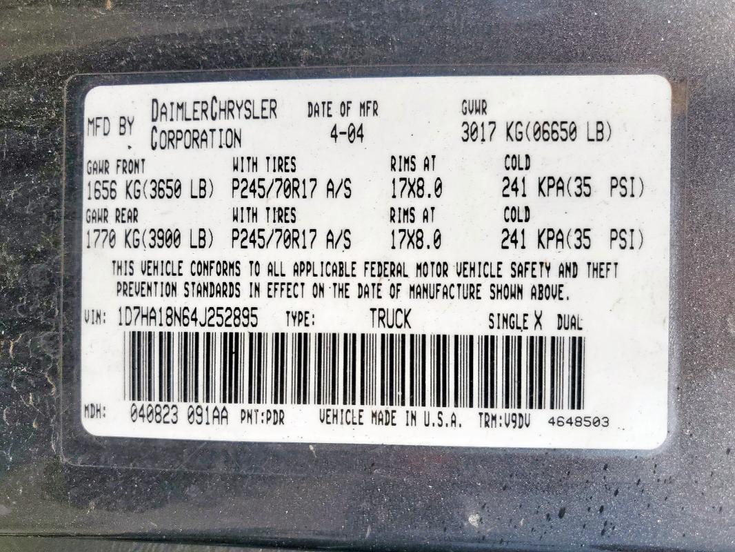 1D7HA18N64J252895 - 2004 DODGE RAM 1500 ST BLACK photo 12