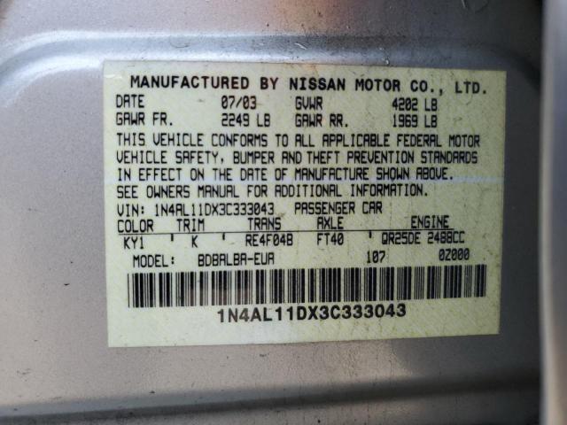 1N4AL11DX3C333043 - 2003 NISSAN ALTIMA BASE SILVER photo 12