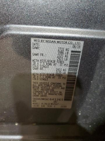 5N1DR2MM1KC645365 - 2019 NISSAN PATHFINDER S Сірий фото 13