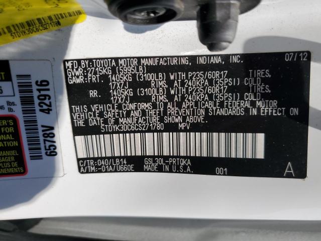 5TDYK3DC6CS271780 - 2012 TOYOTA SIENNA XLE 白色 照片 13