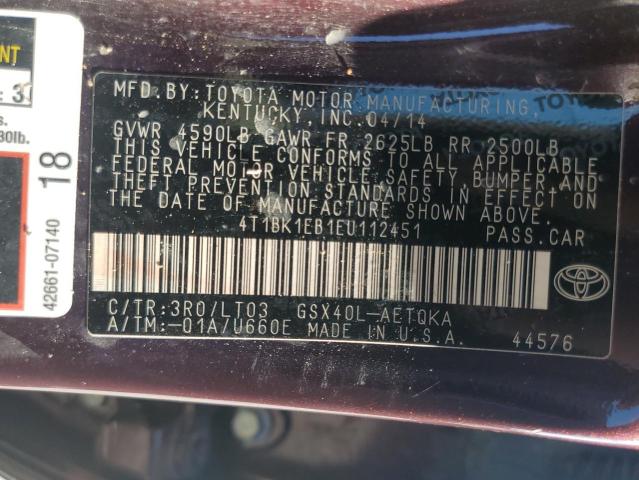 4T1BK1EB1EU112451 - 2014 TOYOTA AVALON BASE 栗色 照片 12