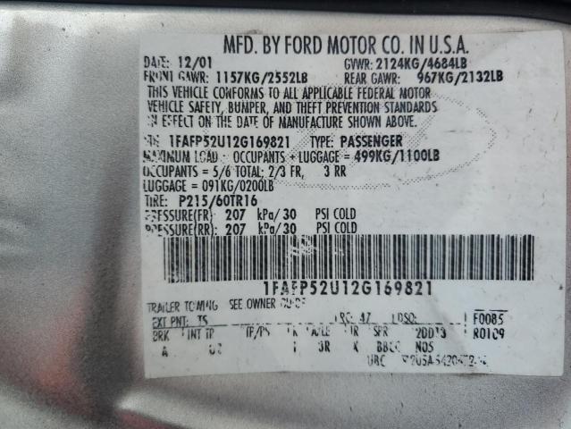 1FAFP52U12G169821 - 2002 FORD TAURUS LX SILVER photo 12