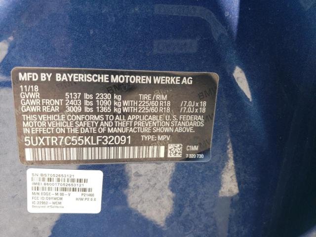 5UXTR7C55KLF32091 - 2019 BMW X3 SDRIVE30I BLUE photo 13