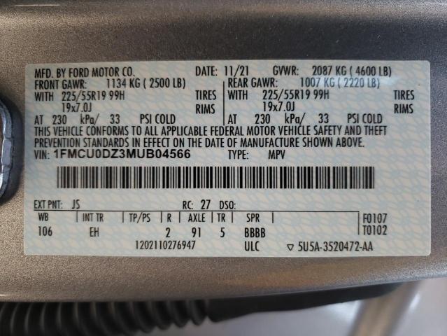 1FMCU0DZ3MUB04566 - 2021 FORD ESCAPE TITANIUM SILVER photo 13