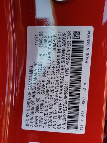 2HGFE2F55NH552642 - 2022 HONDA CIVIC SPORT წითელი ფოტო 12