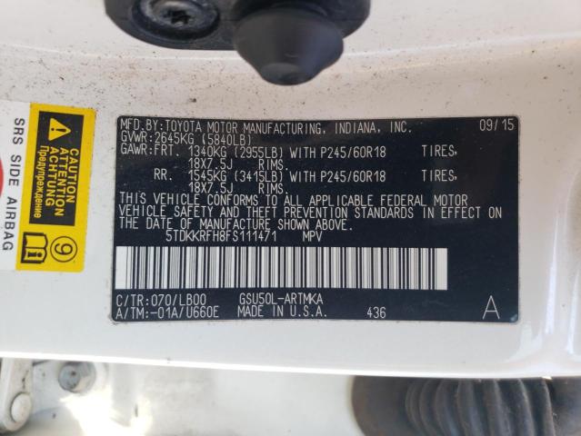 5TDKKRFH8FS111471 - 2015 TOYOTA HIGHLANDER XLE WHITE photo 13