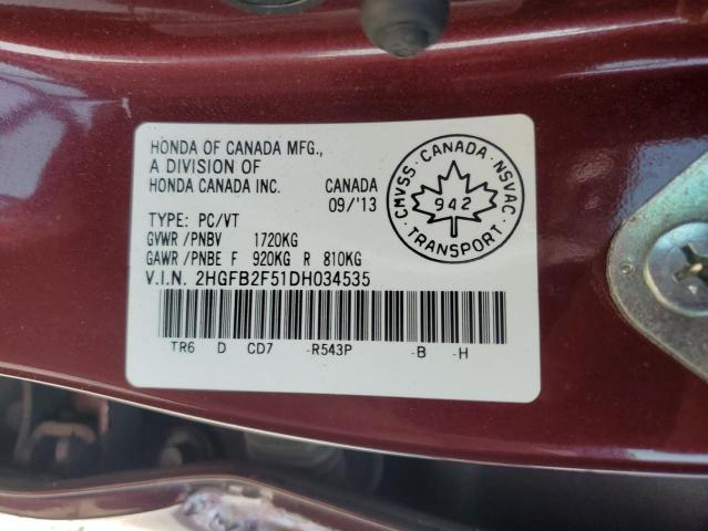 2HGFB2F51DH034535 - 2013 HONDA CIVIC LX BURGUNDY photo 12