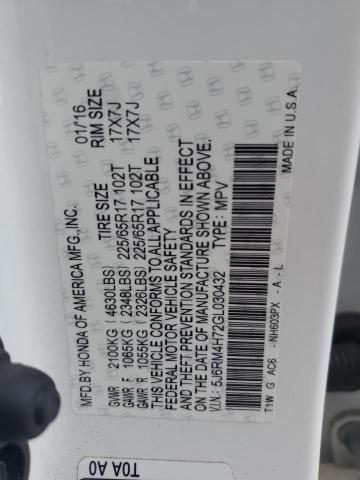 5J6RM4H72GL030432 - 2016 HONDA CR-V EXL WHITE photo 13