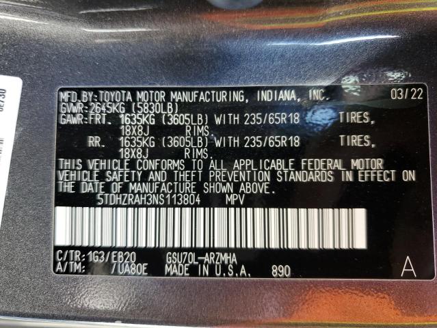 5TDHZRAH3NS113804 - 2022 TOYOTA HIGHLANDER XLE Boz foto 14