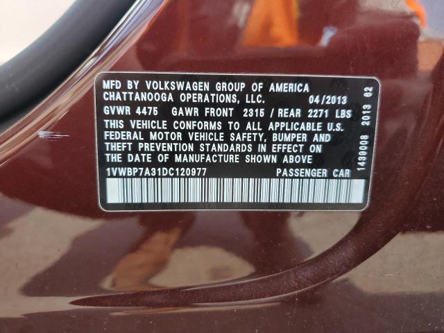 1VWBP7A31DC120977 - 2013 VOLKSWAGEN PASSAT SE 栗色 照片 12