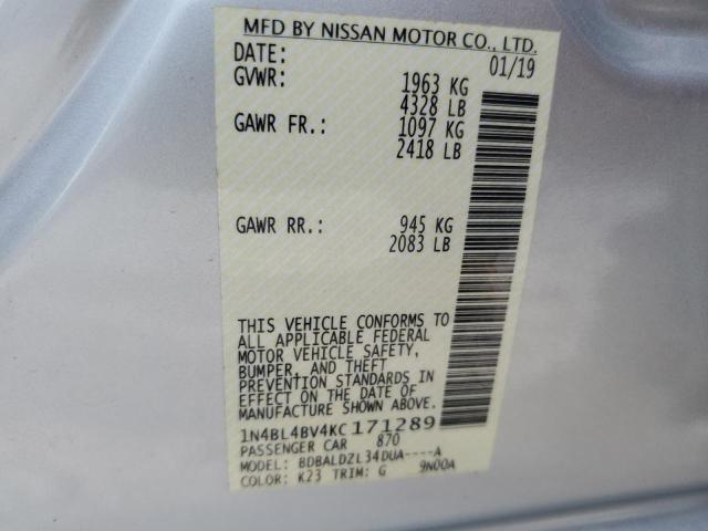 1N4BL4BV4KC171289 - 2019 NISSAN ALTIMA S SILVER photo 12