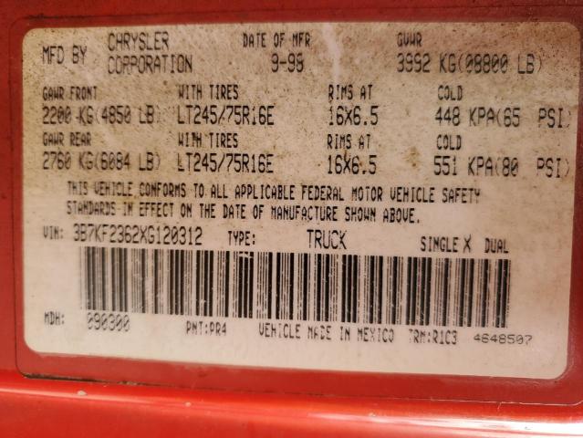 3B7KF2362XG120312 - 1999 DODGE RAM 2500 RED photo 12