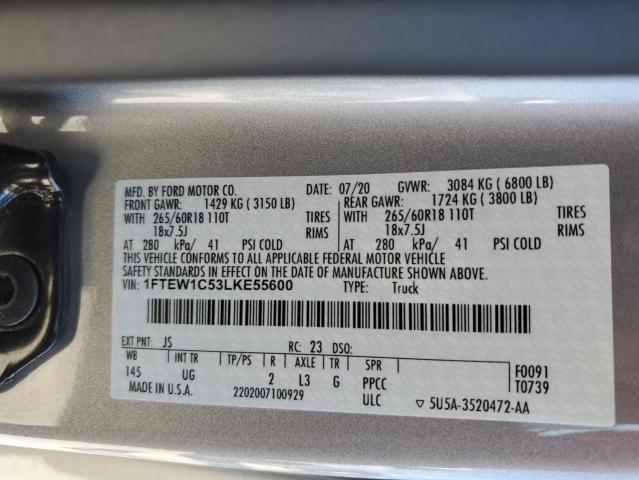 1FTEW1C53LKE55600 - 2020 FORD F150 SUPERCREW SILVER photo 12