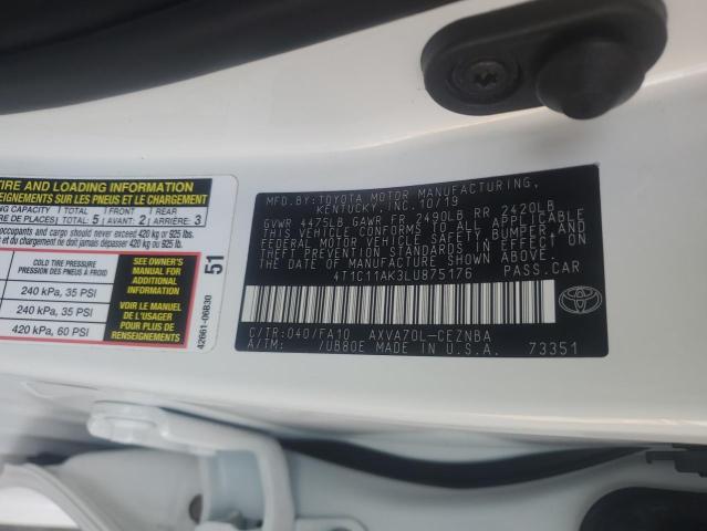 4T1C11AK3LU875176 - 2020 TOYOTA CAMRY LE WHITE photo 12