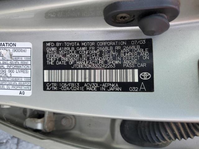 JTDBE32K330242263 - 2003 TOYOTA CAMRY LE SILVER photo 12