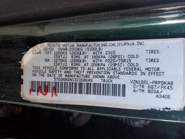 5TEGN92N13Z168649 - 2003 TOYOTA TACOMA DOUBLE CAB PRERUNNER GREEN photo 12