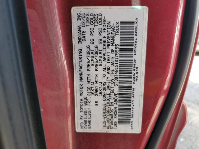 5TBBT48151S179955 - 2001 TOYOTA TUNDRA ACCESS CAB LIMITED RED photo 12