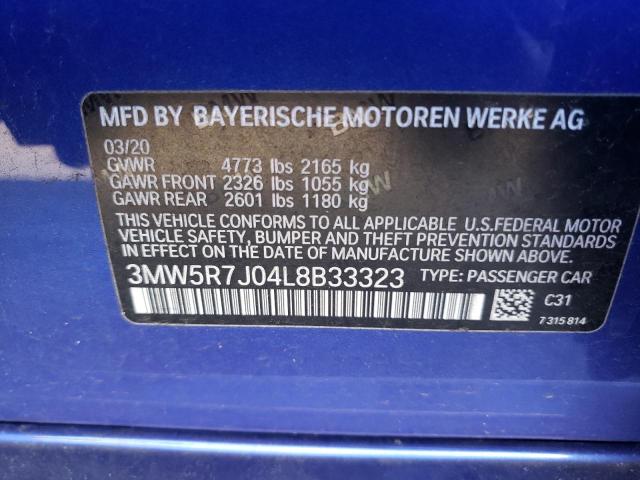 3MW5R7J04L8B33323 - 2020 BMW 330XI BLUE photo 12