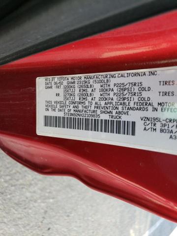 5TESN92NX2Z109835 - 2002 TOYOTA TACOMA XTRACAB PRERUNNER წითელი ფოტო 12