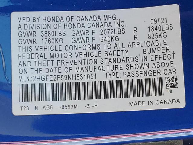 2HGFE2F59NH531051 - 2022 HONDA CIVIC SPORT ლურჯი ფოტო 12