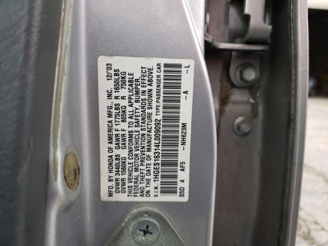 1HGES16314L009092 - 2004 HONDA CIVIC DX VP Silber Foto 12