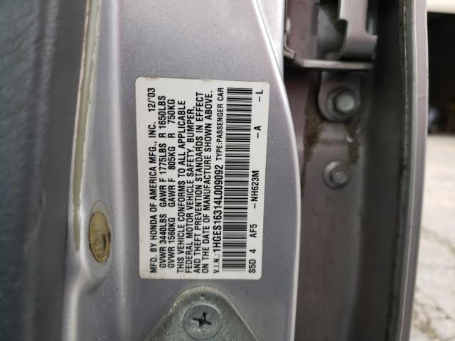 1HGES16314L009092 - 2004 HONDA CIVIC DX VP SILVER photo 12