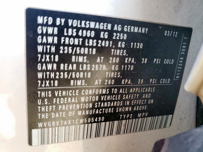 WVGBV7AX1CW585490 - 2012 VOLKSWAGEN TIGUAN S WHITE photo 14