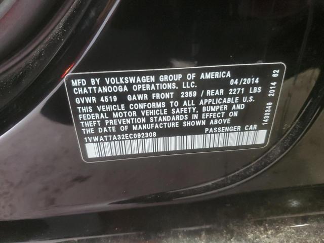 1VWAT7A32EC092308 - 2014 VOLKSWAGEN PASSAT S Чорний фото 12