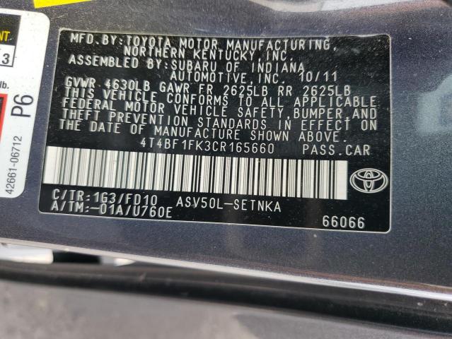 4T4BF1FK3CR165660 - 2012 TOYOTA CAMRY BASE GRAY photo 12